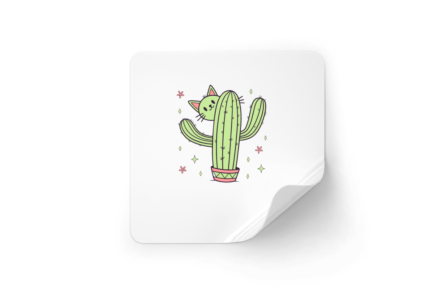 Sticker avec doodle chaton espiègle dans un cactus style amusant et nature