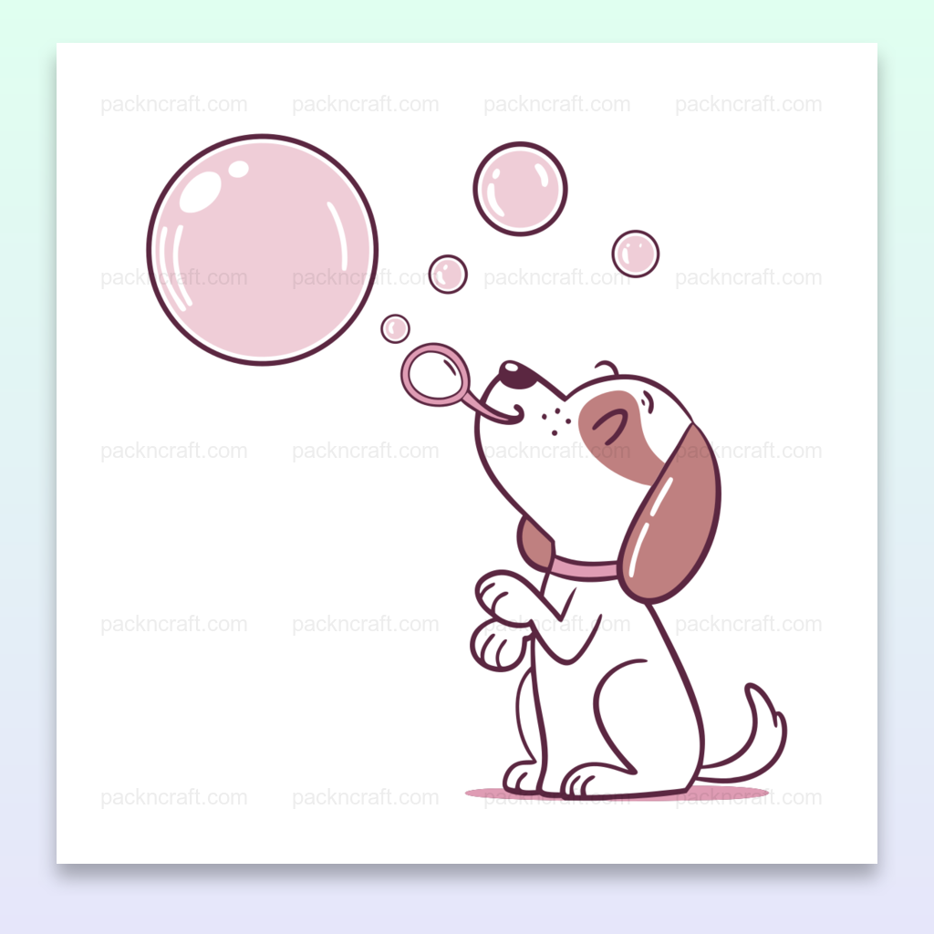 Illustration de chien joueur soufflant des bulles, style cartoon pastel pour projets créatifs