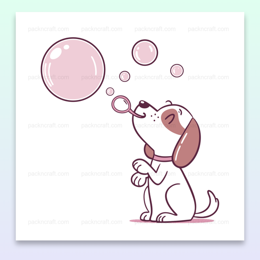 Illustration de chien joueur soufflant des bulles, style cartoon pastel pour projets créatifs