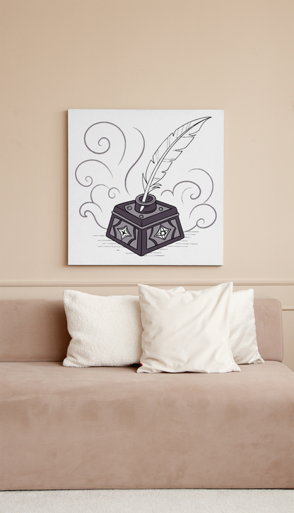 Cadre orné d'une plume magique au style rétro et écriture vintage élégante