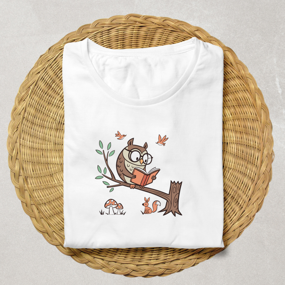 Un t-shirt avec un hibou lecteur stylisé dans un design doodle naturel vibrant