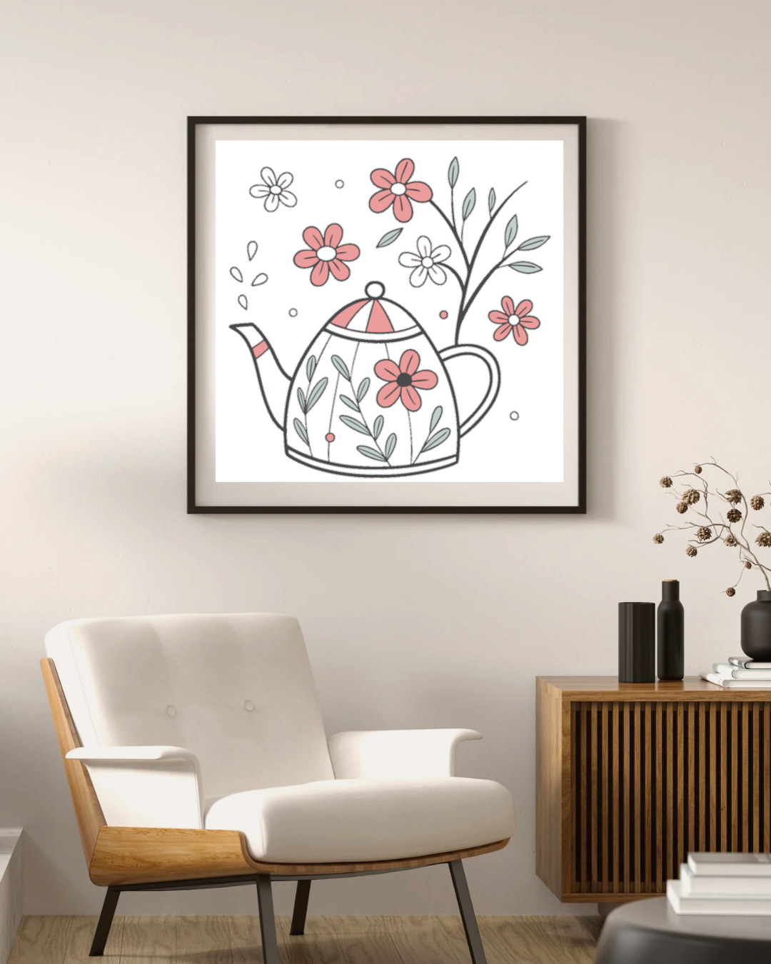 Cadre orné d'une élégante théière florale en tons pastels pour une déco raffinée