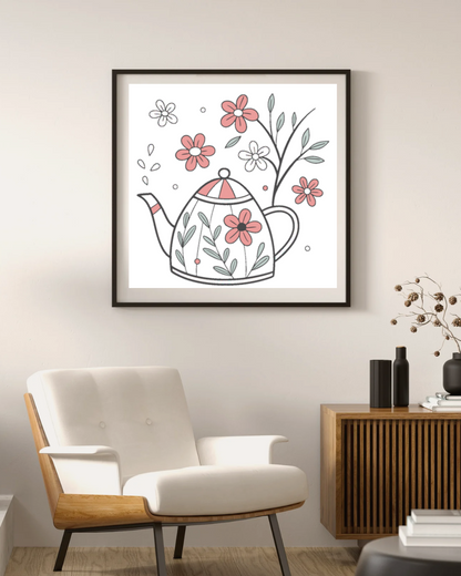 Cadre orné d'une élégante théière florale en tons pastels pour une déco raffinée