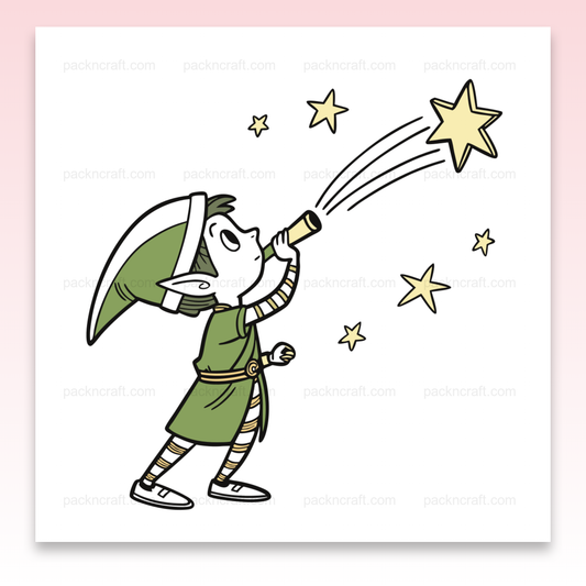 Illustration d'un lutin rêveur observant une étoile filante, style doodle.