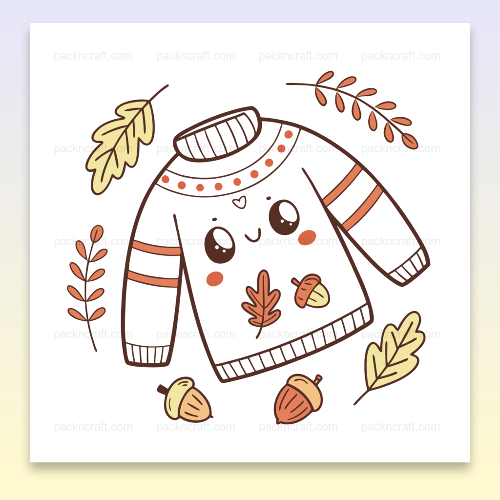 Illustration kawaii d'un pull joyeux avec feuilles d'automne. Usage DIY, papeterie.