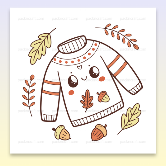 Illustration kawaii d'un pull joyeux avec feuilles d'automne. Usage DIY, papeterie.