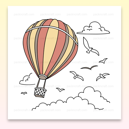 Illustration d'une montgolfière en vol avec nuages et oiseaux, idéale pour DIY ou déco