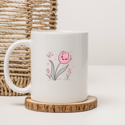 Mug printanier orné d'une tulipe souriante pastel avec papillon