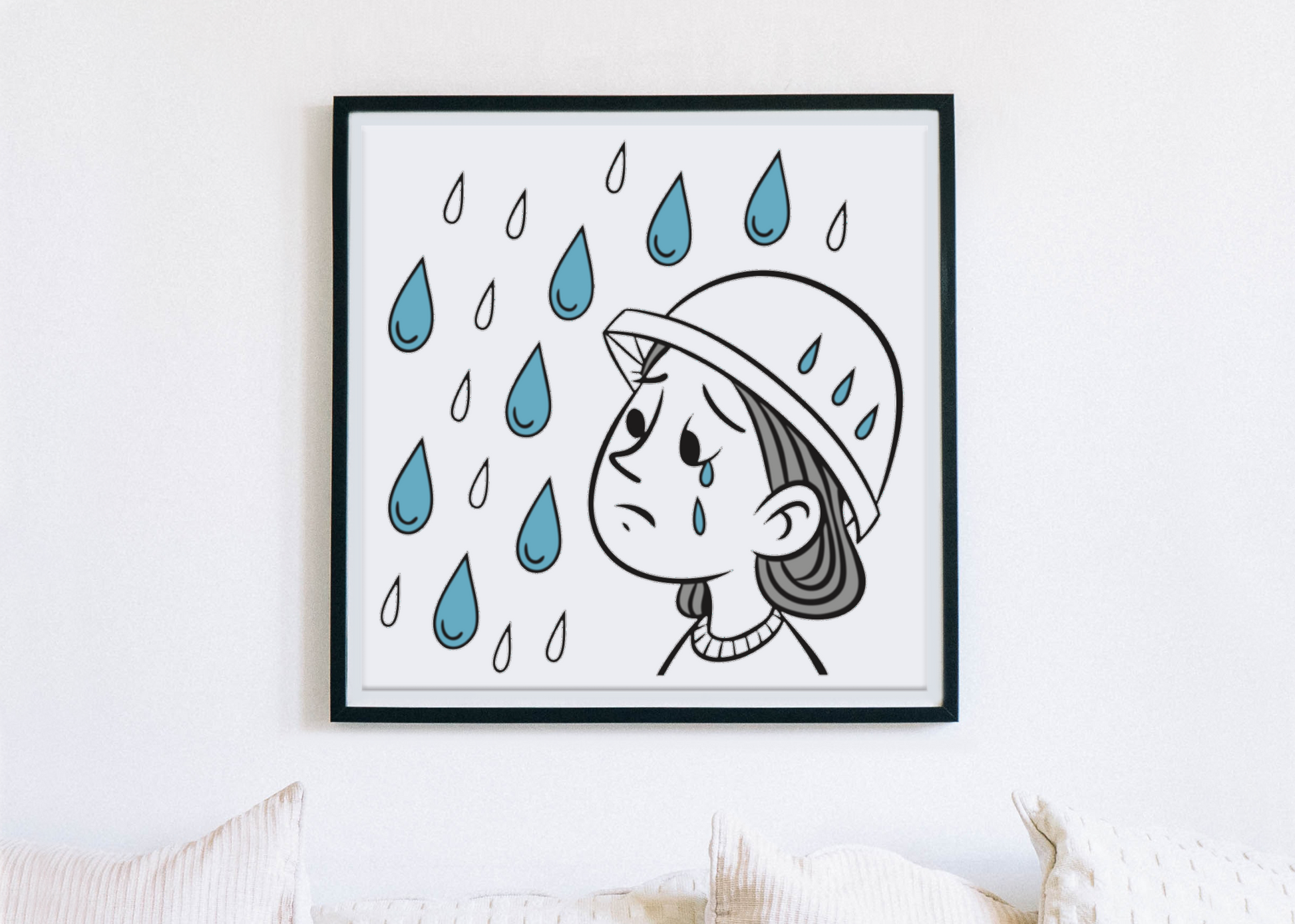 Cadre avec illustration numérique d'un enfant sous la pluie ambiance mélancolique