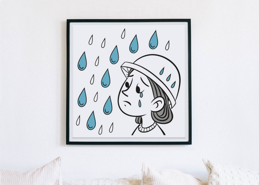 Cadre avec illustration numérique d'un enfant sous la pluie ambiance mélancolique