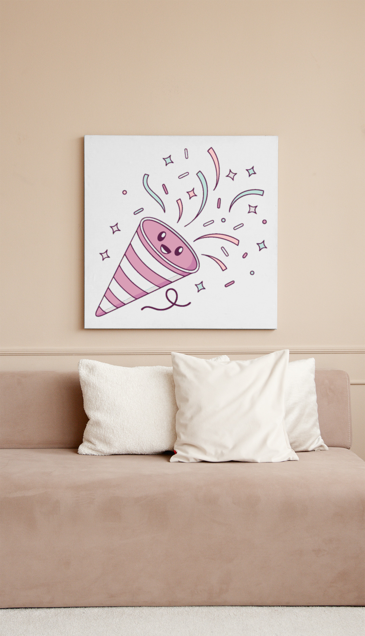 Cadre décoratif avec illustration de canon à confettis kawaii