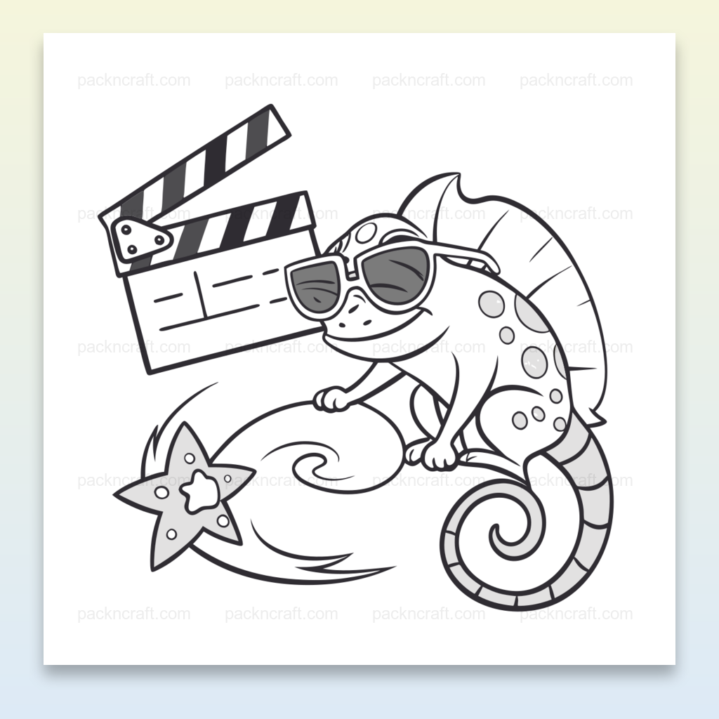 Caméléon cool avec clap cinématographique, idéal pour déco DIY et éducatif.