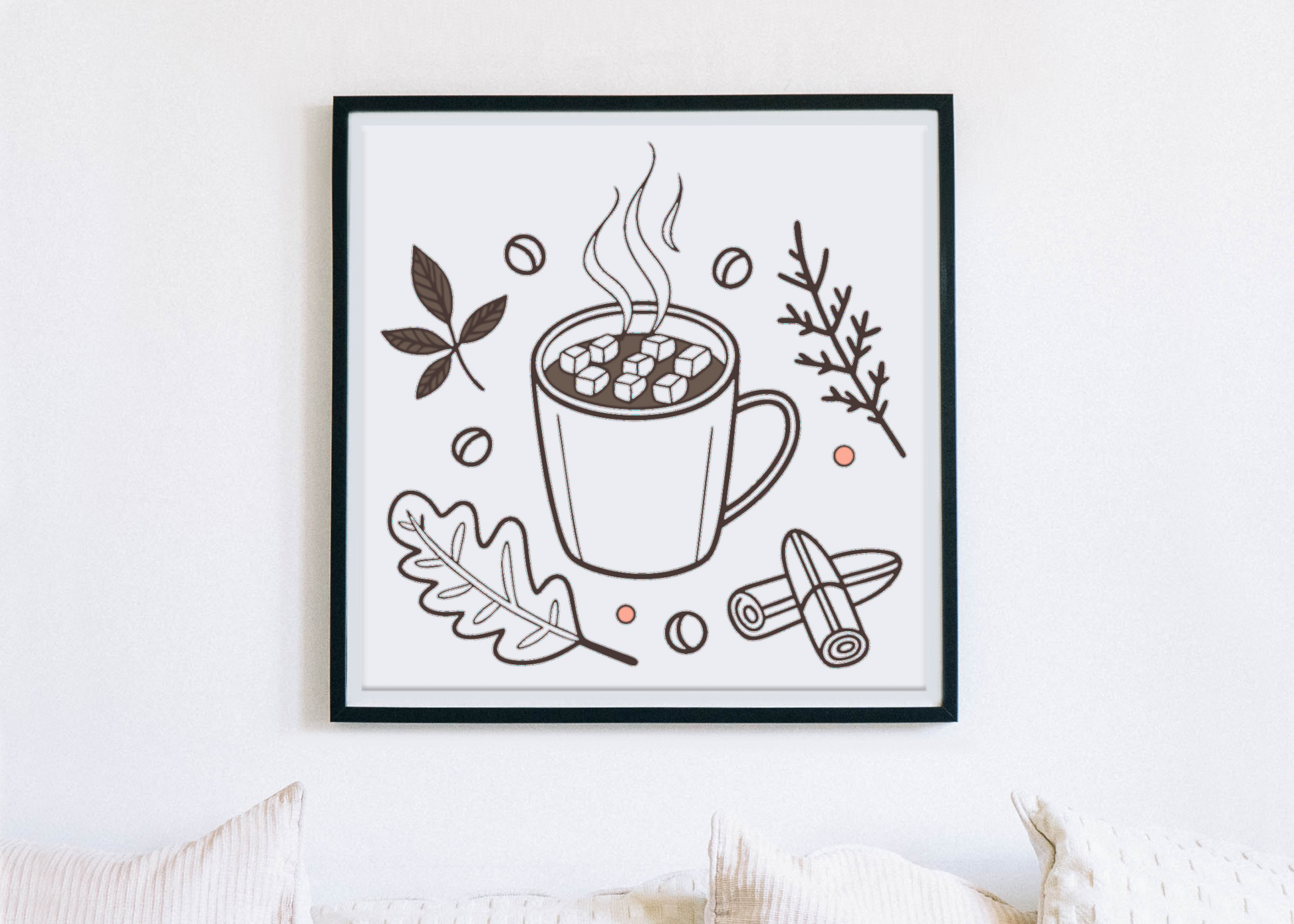 Cadre automnal avec visuel minimaliste d'une tasse de chocolat fumant, ambiance chaleureuse