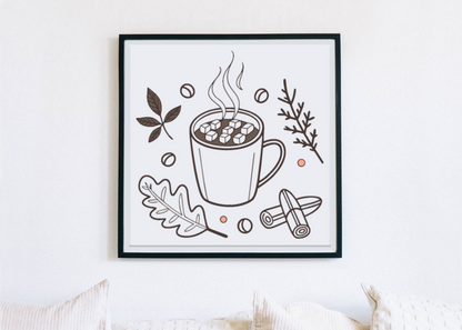 Cadre automnal avec visuel minimaliste d'une tasse de chocolat fumant, ambiance chaleureuse