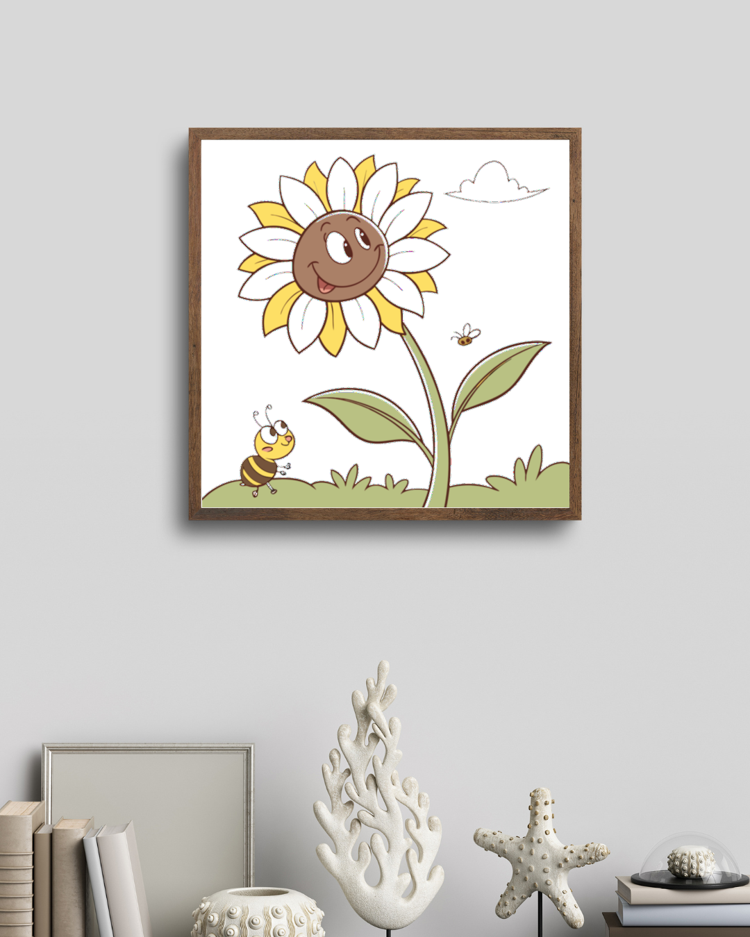 Cadre déco avec tournesol et abeille, style doodle, ambiance jardin playful