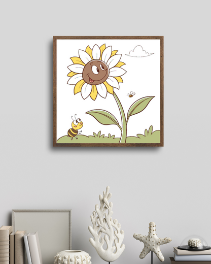 Cadre déco avec tournesol et abeille, style doodle, ambiance jardin playful