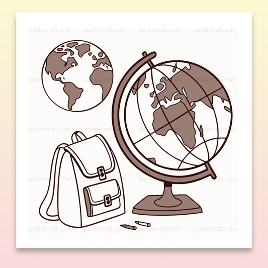 Illustration du globe terrestre avec cartable, style linéaire pour déco et éducation.