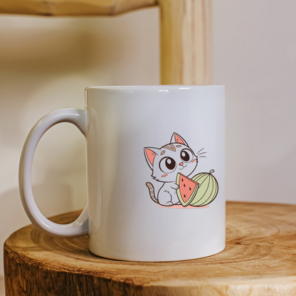 Mug kawaii avec chaton mignon tenant un melon dans des couleurs estivales