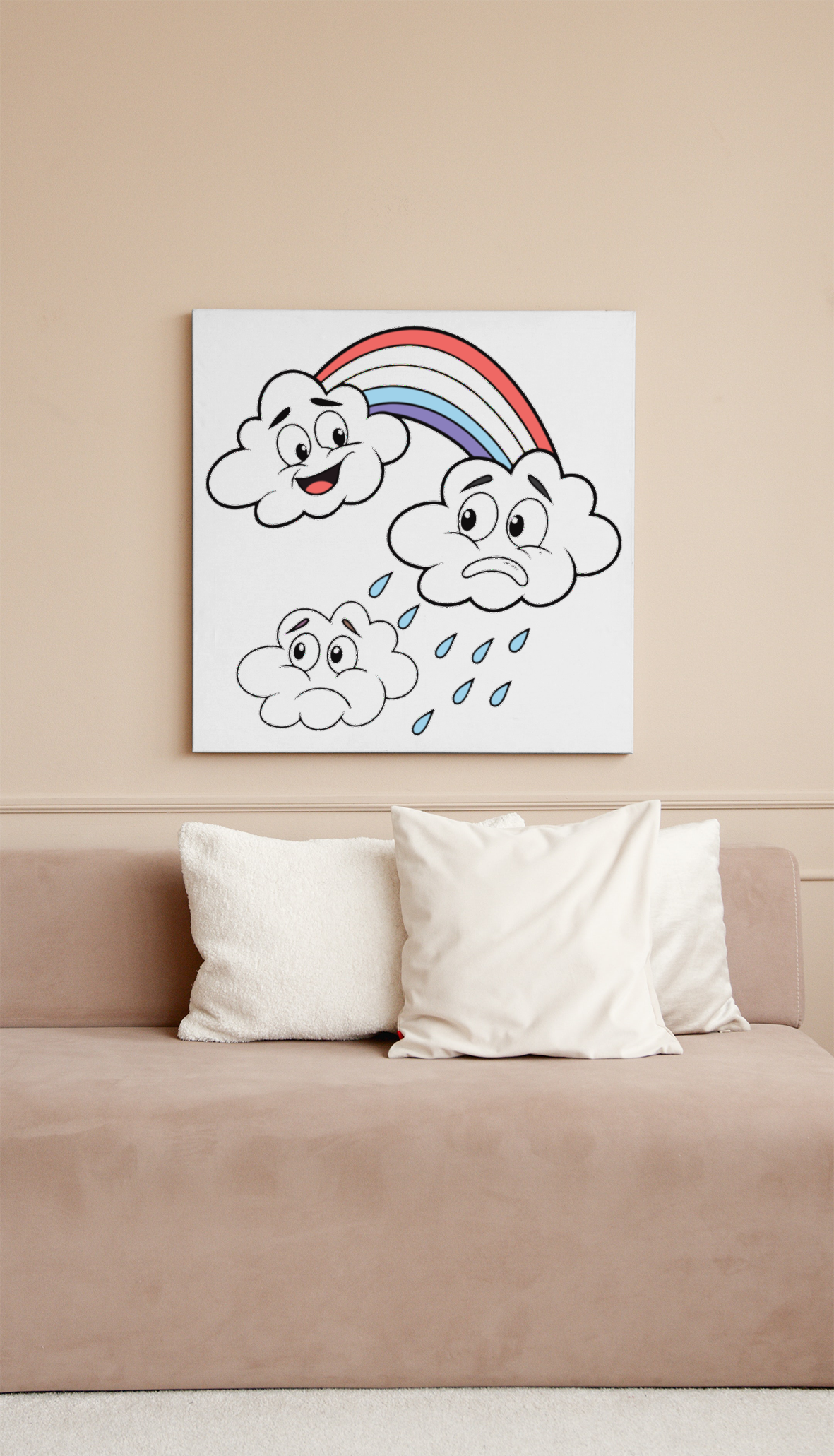 Cadre illustré en style cartoon montrant des nuages joyeux et un arc-en-ciel