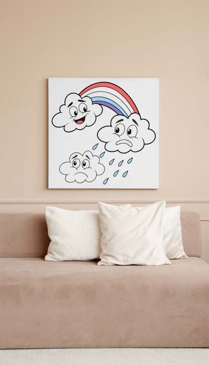 Cadre illustré en style cartoon montrant des nuages joyeux et un arc-en-ciel