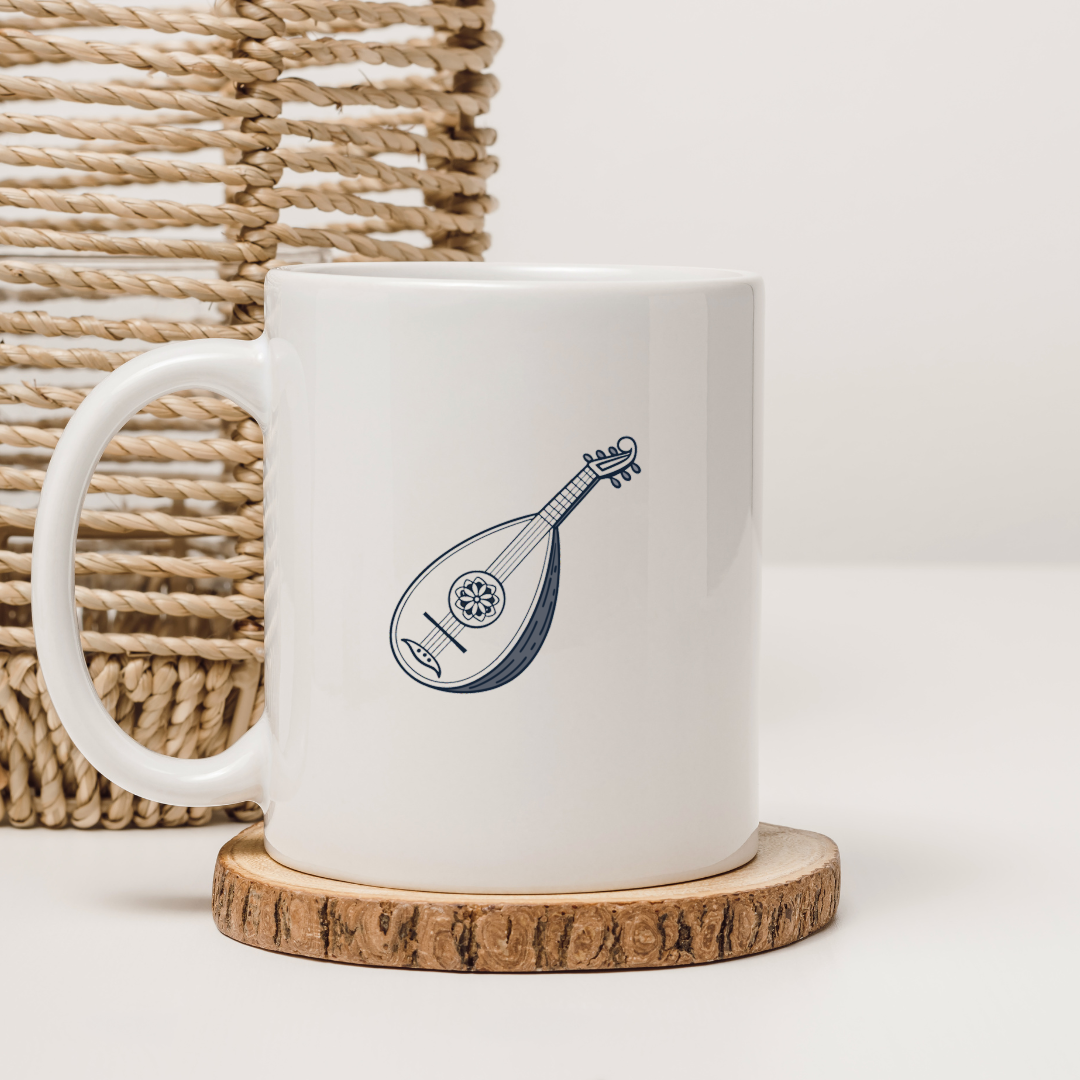 Mug avec luth en style vectoriel se fondant dans une ambiance musicale envoûtante