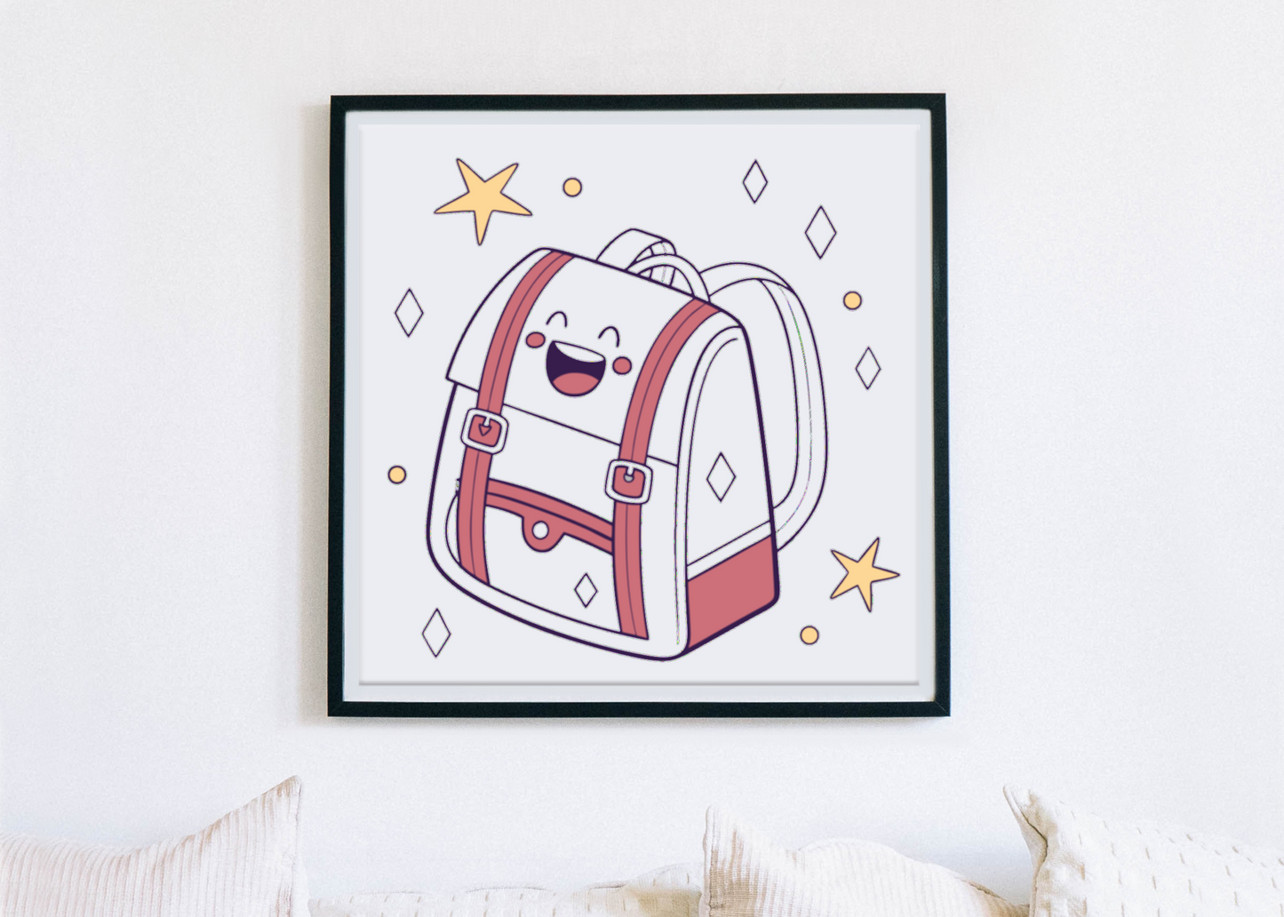 Cadre avec icône numérique cartable joyeux style enfantin pour décoration murale