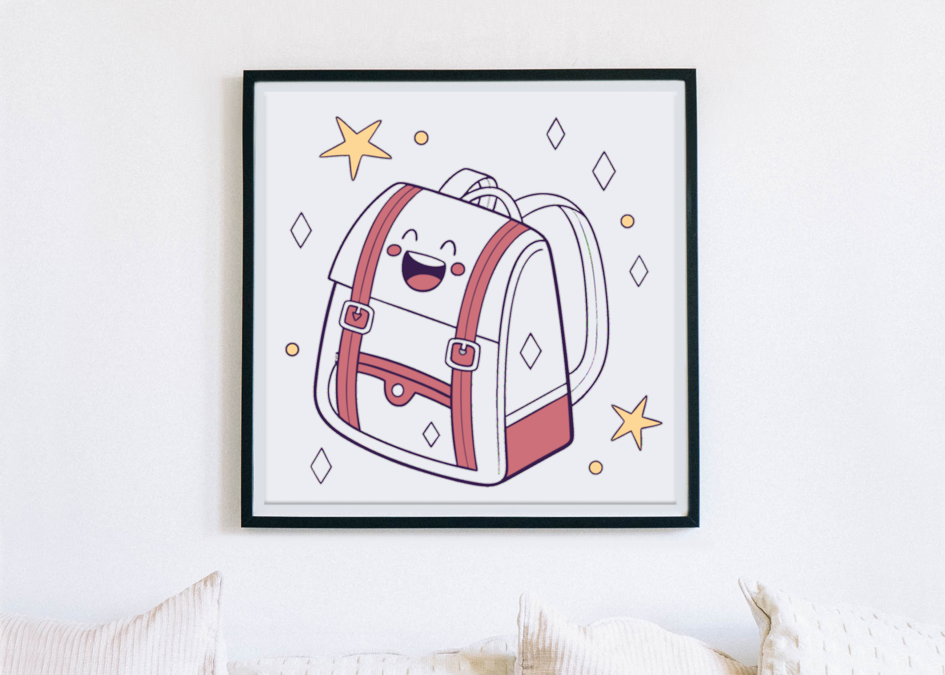 Cadre avec icône numérique cartable joyeux style enfantin pour décoration murale