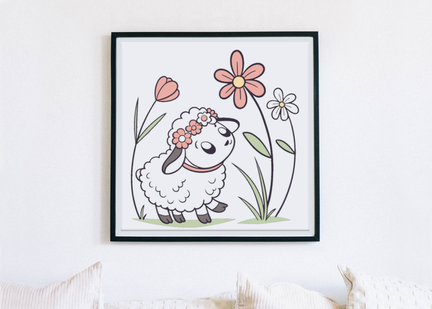 Cadre pastel mettant en scène un mouton curieux entouré de fleurs printanières