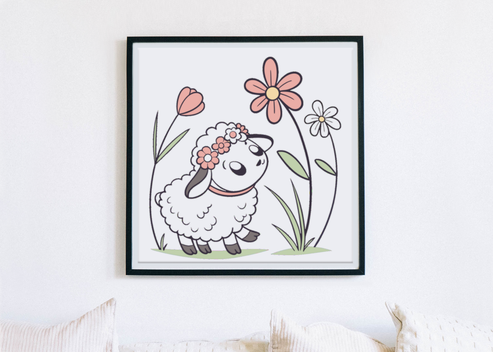 Cadre pastel mettant en scène un mouton curieux entouré de fleurs printanières