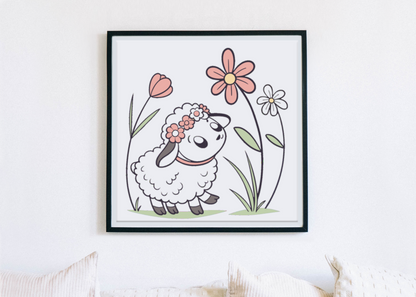Cadre pastel mettant en scène un mouton curieux entouré de fleurs printanières