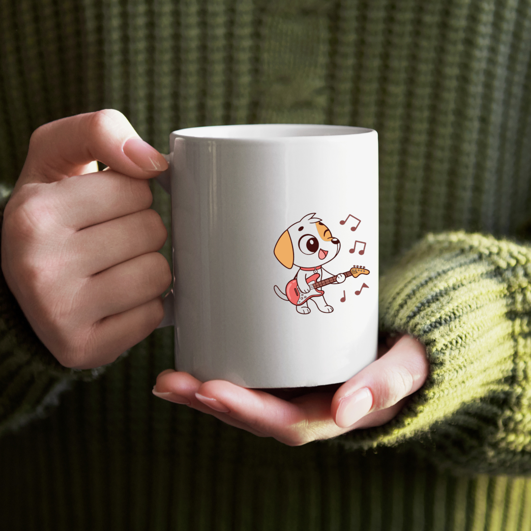 Mug avec un chien mignon jouant de la guitare, ambiance amusante et musicale