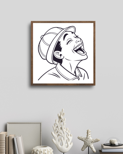 Cadre avec design moderne représentant un personnage écoutant de la musique en riant
