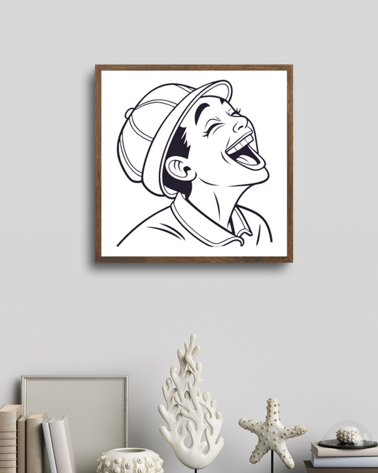 Cadre avec design moderne représentant un personnage écoutant de la musique en riant