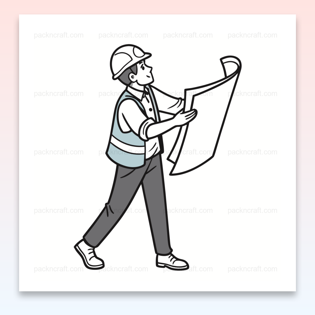 Illustration d'architecte concentré tenant un plan, style ligne claire., Design d'architecte concentré sur mug, style ligne noire., Illustration encadrée d'un architecte avec plan, style moderne., Sticker d'architecte avec plan en main, ligne claire., Graphisme sur t-shirt, architecte et plan, style épuré.