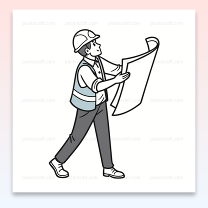 Illustration d'architecte concentré tenant un plan, style ligne claire., Design d'architecte concentré sur mug, style ligne noire., Illustration encadrée d'un architecte avec plan, style moderne., Sticker d'architecte avec plan en main, ligne claire., Graphisme sur t-shirt, architecte et plan, style épuré.