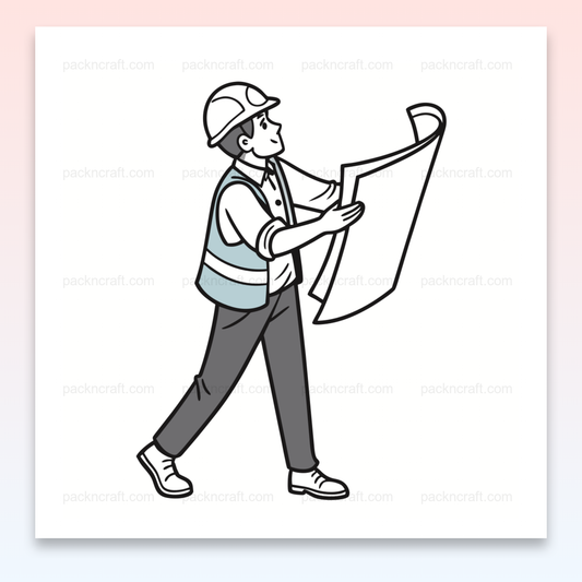 Illustration d'architecte concentré tenant un plan, style ligne claire., Design d'architecte concentré sur mug, style ligne noire., Illustration encadrée d'un architecte avec plan, style moderne., Sticker d'architecte avec plan en main, ligne claire., Graphisme sur t-shirt, architecte et plan, style épuré.
