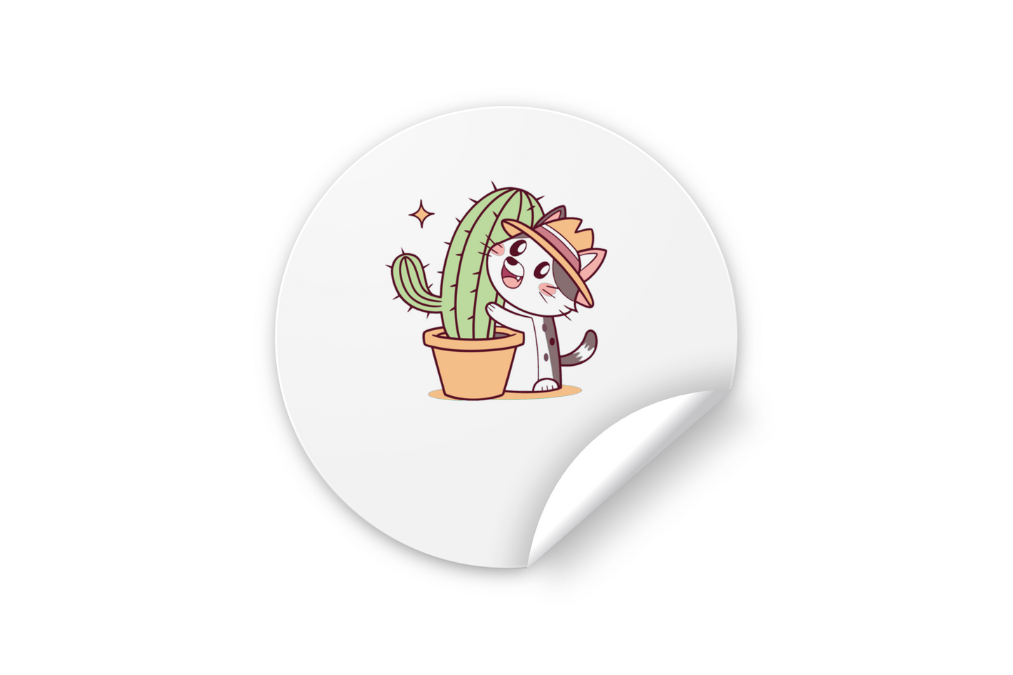 Sticker avec un chat kawaii câlinant un cactus dans un style nature charmant