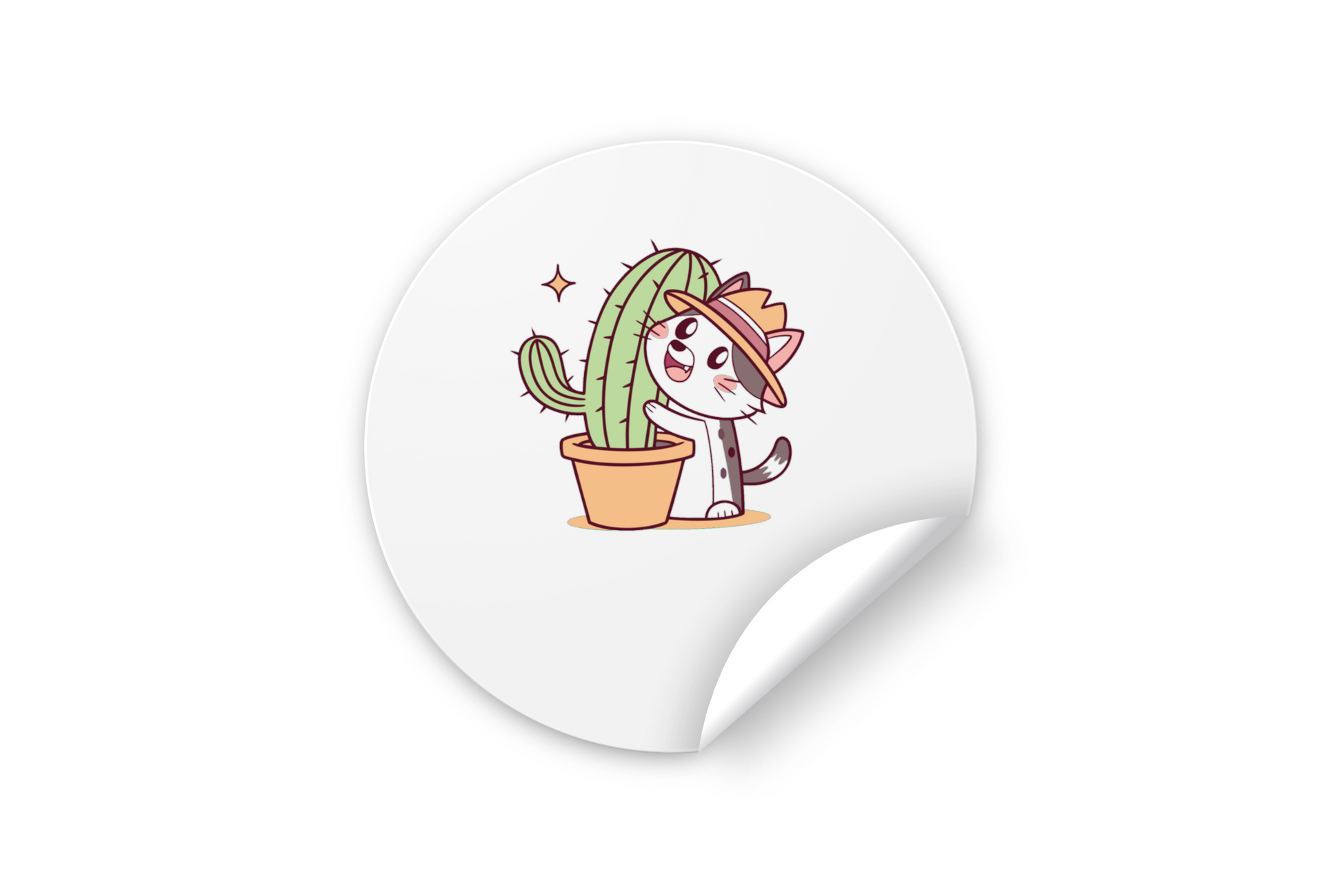 Sticker avec un chat kawaii câlinant un cactus dans un style nature charmant