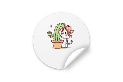 Sticker avec un chat kawaii câlinant un cactus dans un style nature charmant