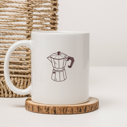 Mug avec cafetière italienne style doodle, design artisanal vintage