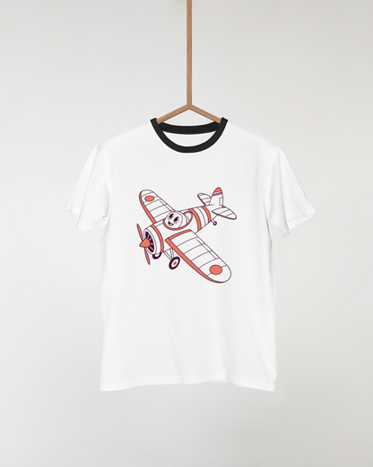T-shirt orné d'un avion cartoon qui sourit en plein vol pour une touche aventurière