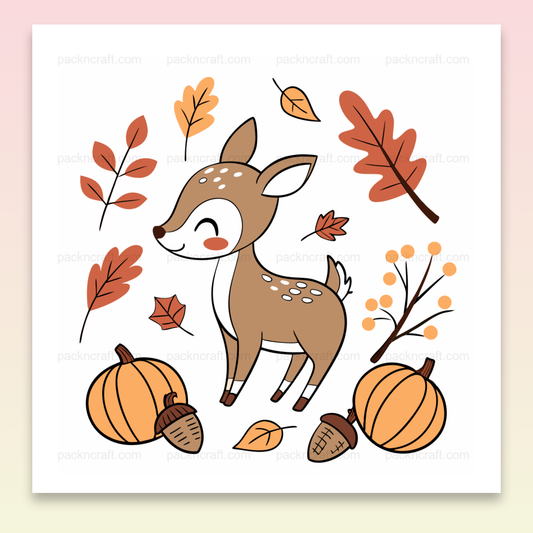 Illustration de faon charmant en automne avec feuilles et citrouilles, style doodle pour projets DIY.