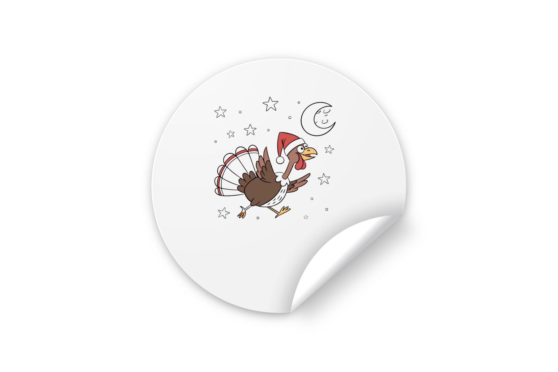 Sticker festif avec dinde joyeuse style cartoon sous la lune pour le thème de Noël
