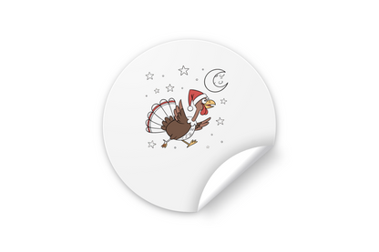 Sticker festif avec dinde joyeuse style cartoon sous la lune pour le thème de Noël