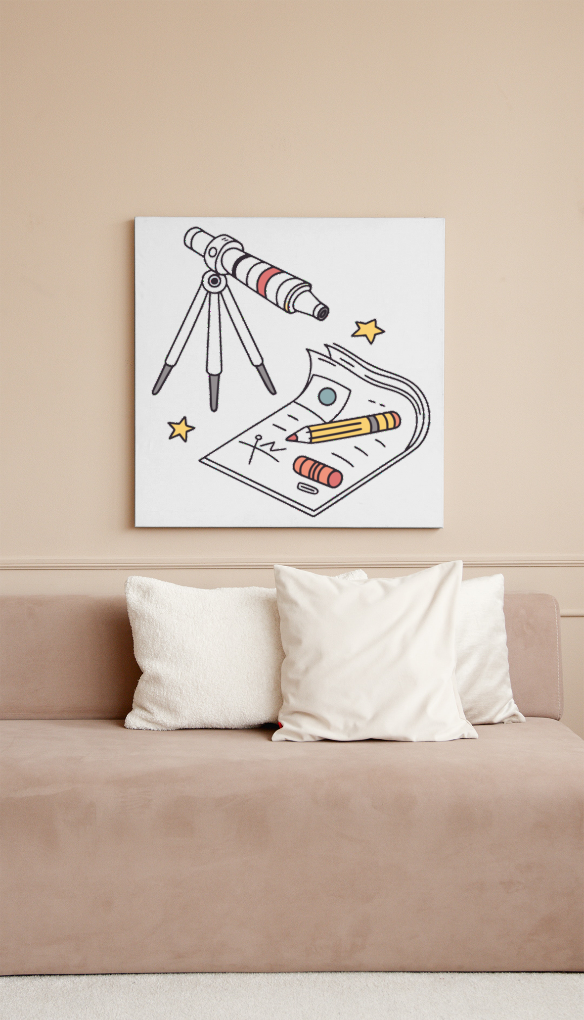 Cadre avec élément numérique représentant des planètes et un télescope émouvant
