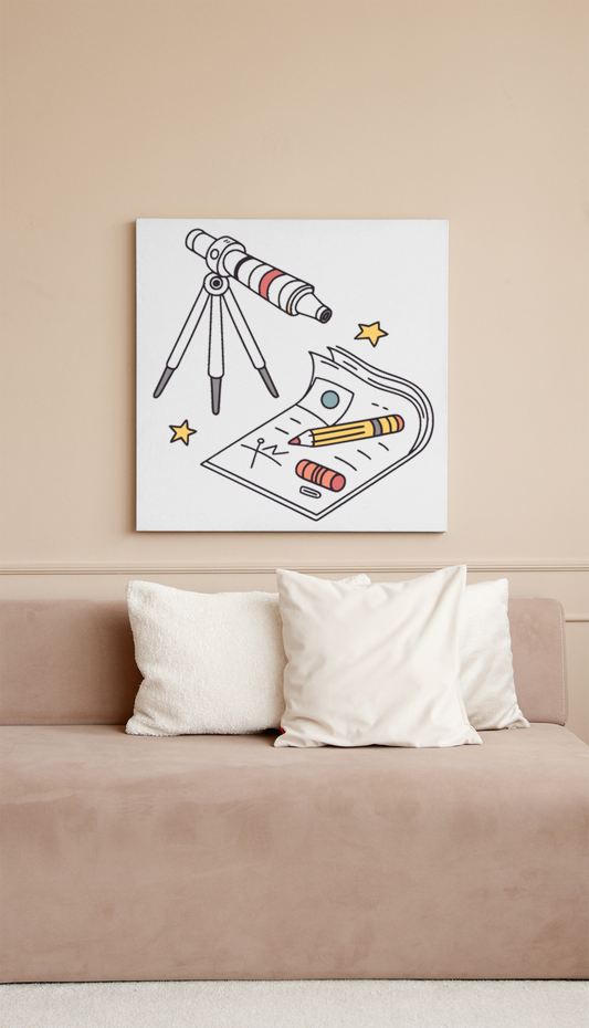 Cadre avec élément numérique représentant des planètes et un télescope émouvant
