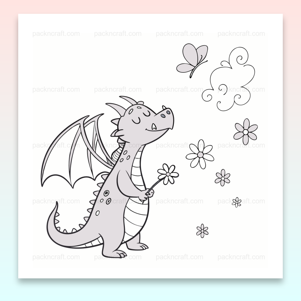 Illustration SVG de dragon rêveur avec papillon, usage créatif conseillé
