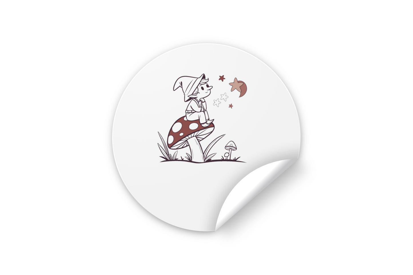 Sticker avec un lutin rêveur sur champignon style doodle, ambiance conte magique