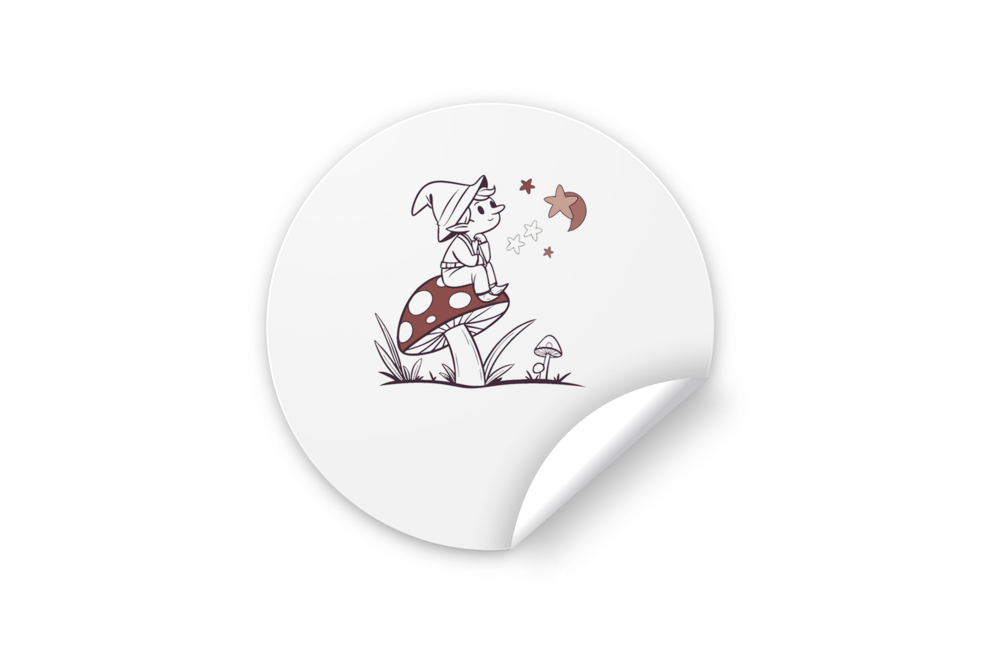 Sticker avec un lutin rêveur sur champignon style doodle, ambiance conte magique