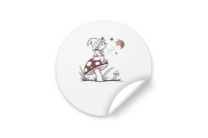 Sticker avec un lutin rêveur sur champignon style doodle, ambiance conte magique